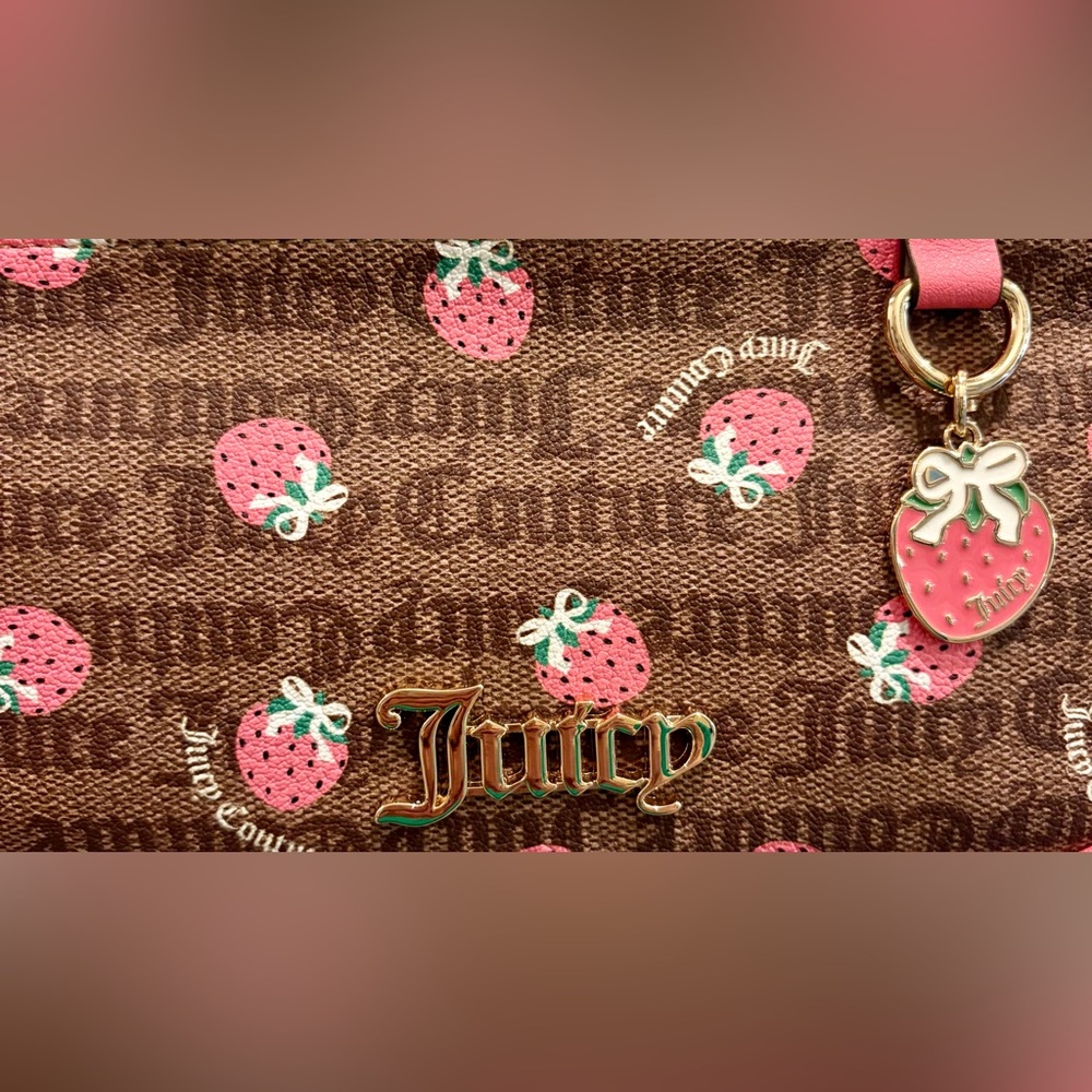 NWT JUICY COUTURE Pink Strawberry Print Shoulder Bag with 2 strawberry charm🍓 - Picture 5 of 13